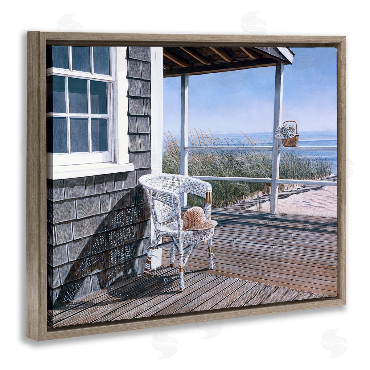 Tom Mielko Coastal Cottage Porch Chair Seaside Boardwalk Scenery Brown Floating Frame Canvas Wall Art Print