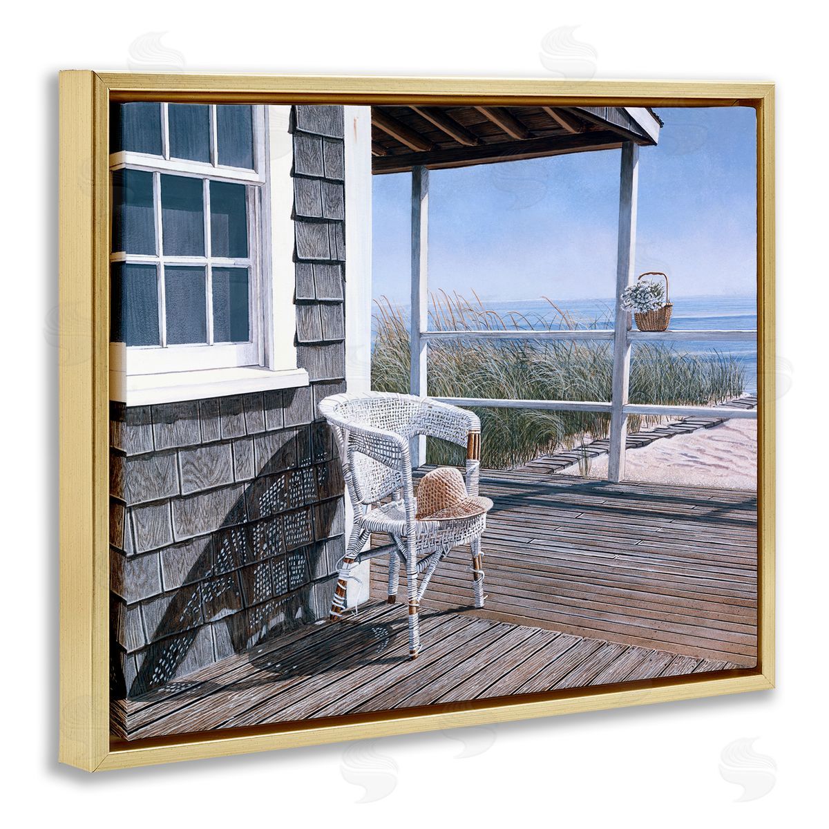 Tom Mielko Coastal Cottage Porch Chair Seaside Boardwalk Scenery Gold Floating Frame Canvas Wall Art Print