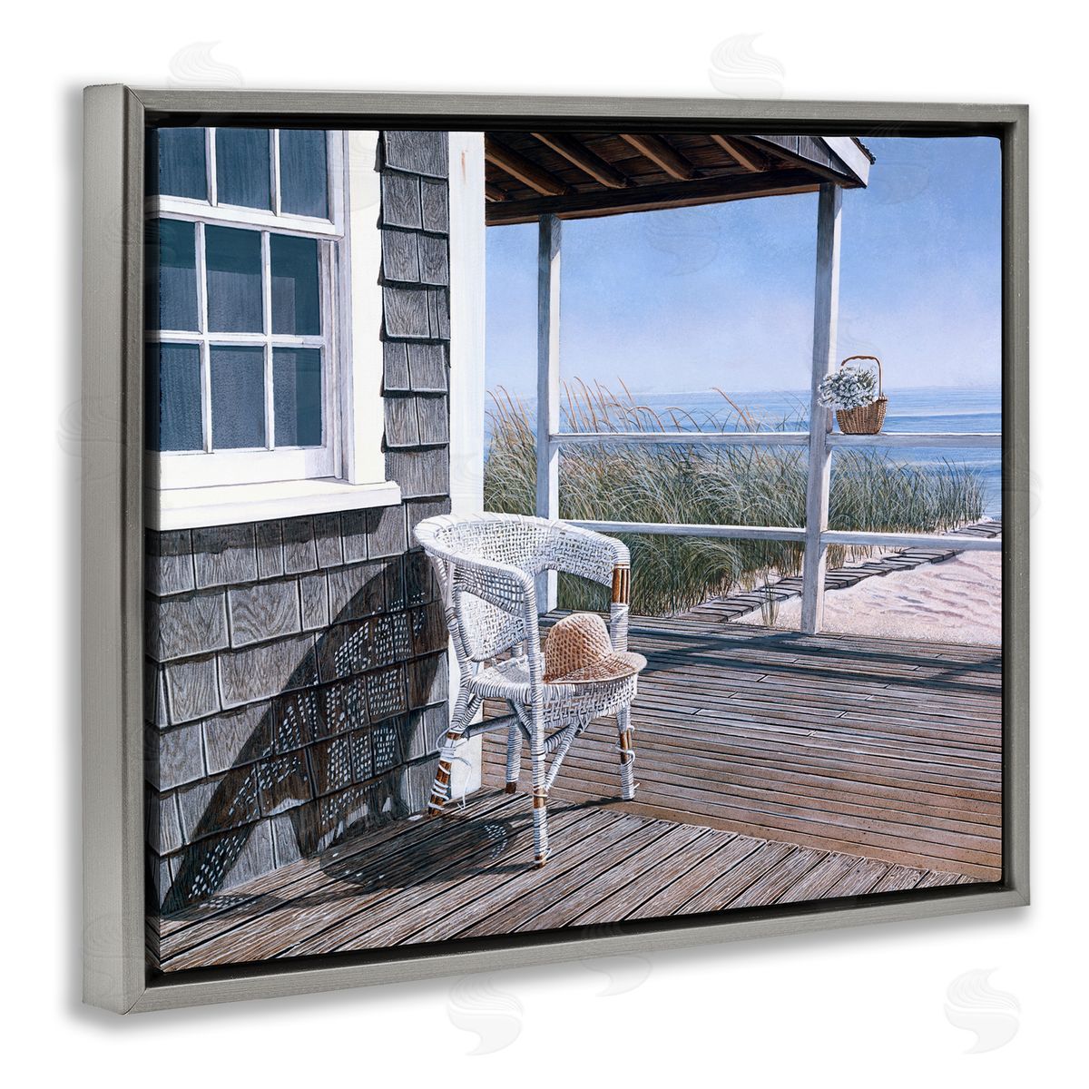 Tom Mielko Coastal Cottage Porch Chair Seaside Boardwalk Scenery Gray Floating Frame Canvas Wall Art Print