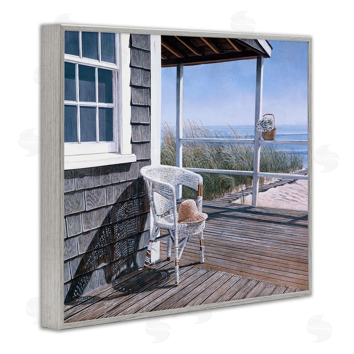 Tom Mielko Coastal Cottage Porch Chair Seaside Boardwalk Scenery Gray Framed Giclee Wall Art Print