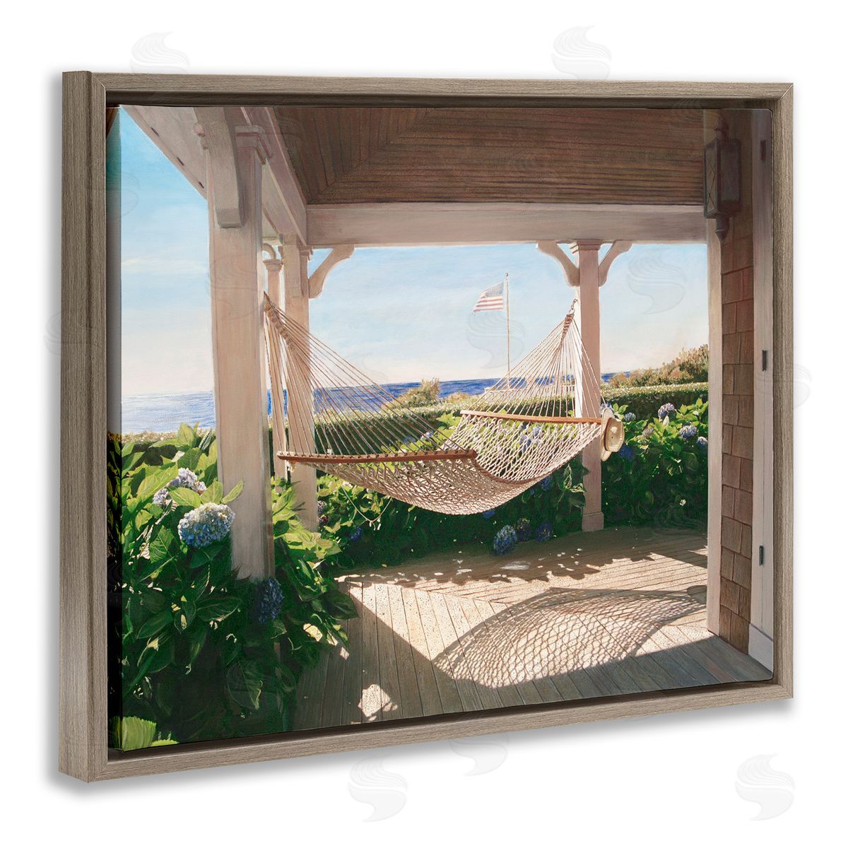 Tranquil Hammock Sunlit Porch Brown Floating Frame Canvas Wall Art, Home Decor by Tom Mielko
