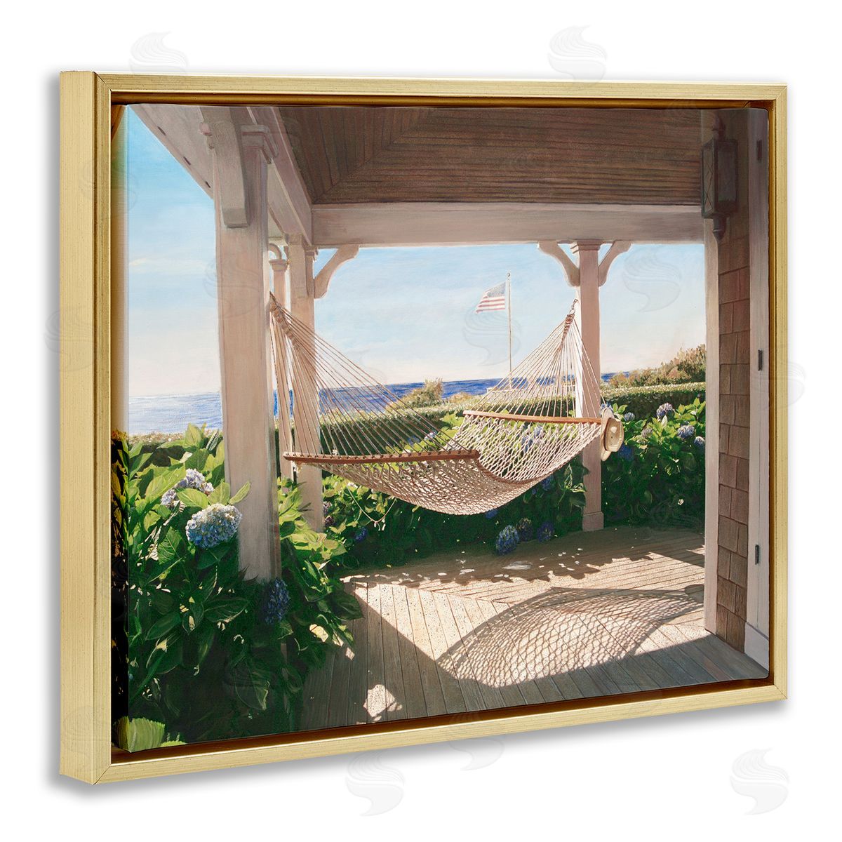 Tranquil Hammock Sunlit Porch Gold Floating Frame Canvas Wall Art, Home Decor by Tom Mielko
