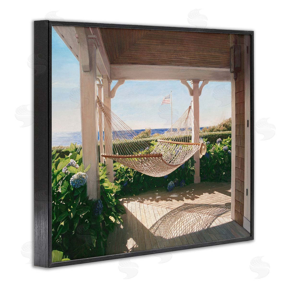 Tranquil Hammock Sunlit Porch Black Frame Print Wall Art, Home Decor by Tom Mielko