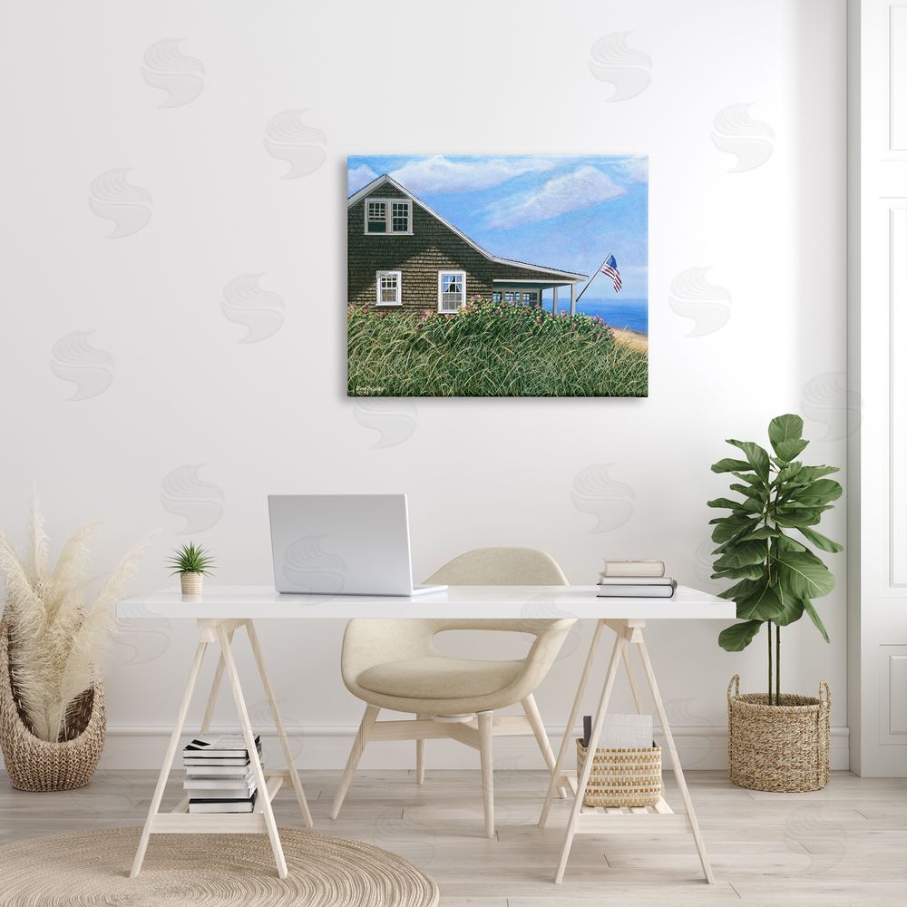 Tom Mielko Seaside House American Flag Peaceful Coastal Home Canvas Wall Art Print in Room