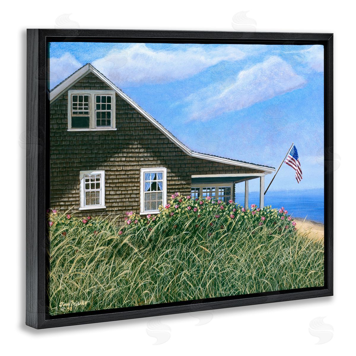 Tom Mielko Seaside House American Flag Peaceful Coastal Home Black Floating Frame Canvas Wall Art Print