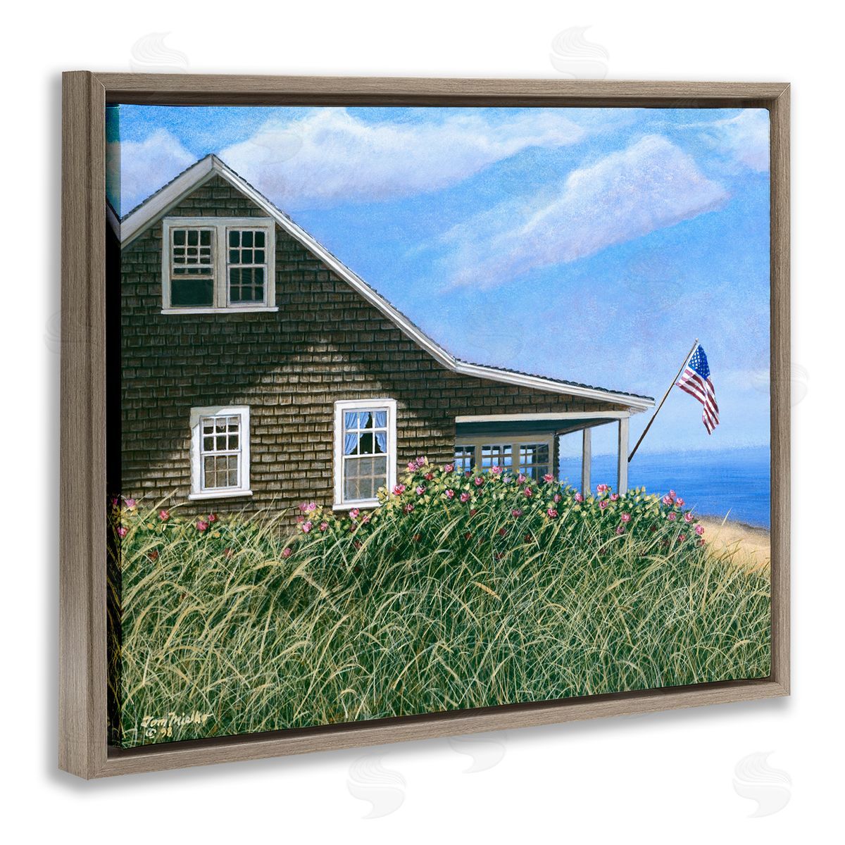 Tom Mielko Seaside House American Flag Peaceful Coastal Home Brown Floating Frame Canvas Wall Art Print