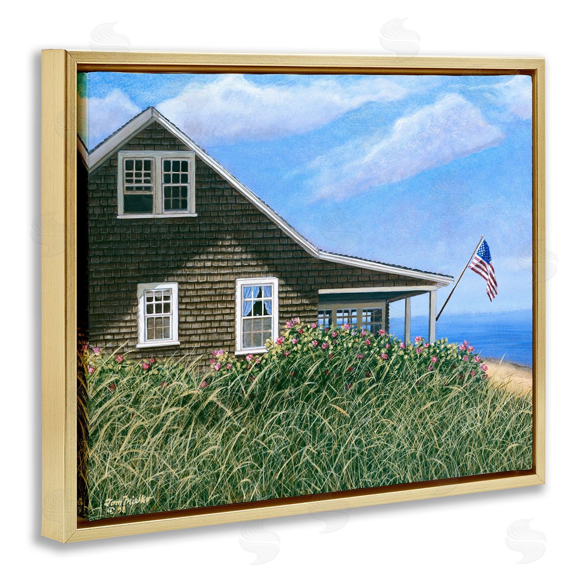 Tom Mielko Seaside House American Flag Peaceful Coastal Home Gold Floating Frame Canvas Wall Art Print