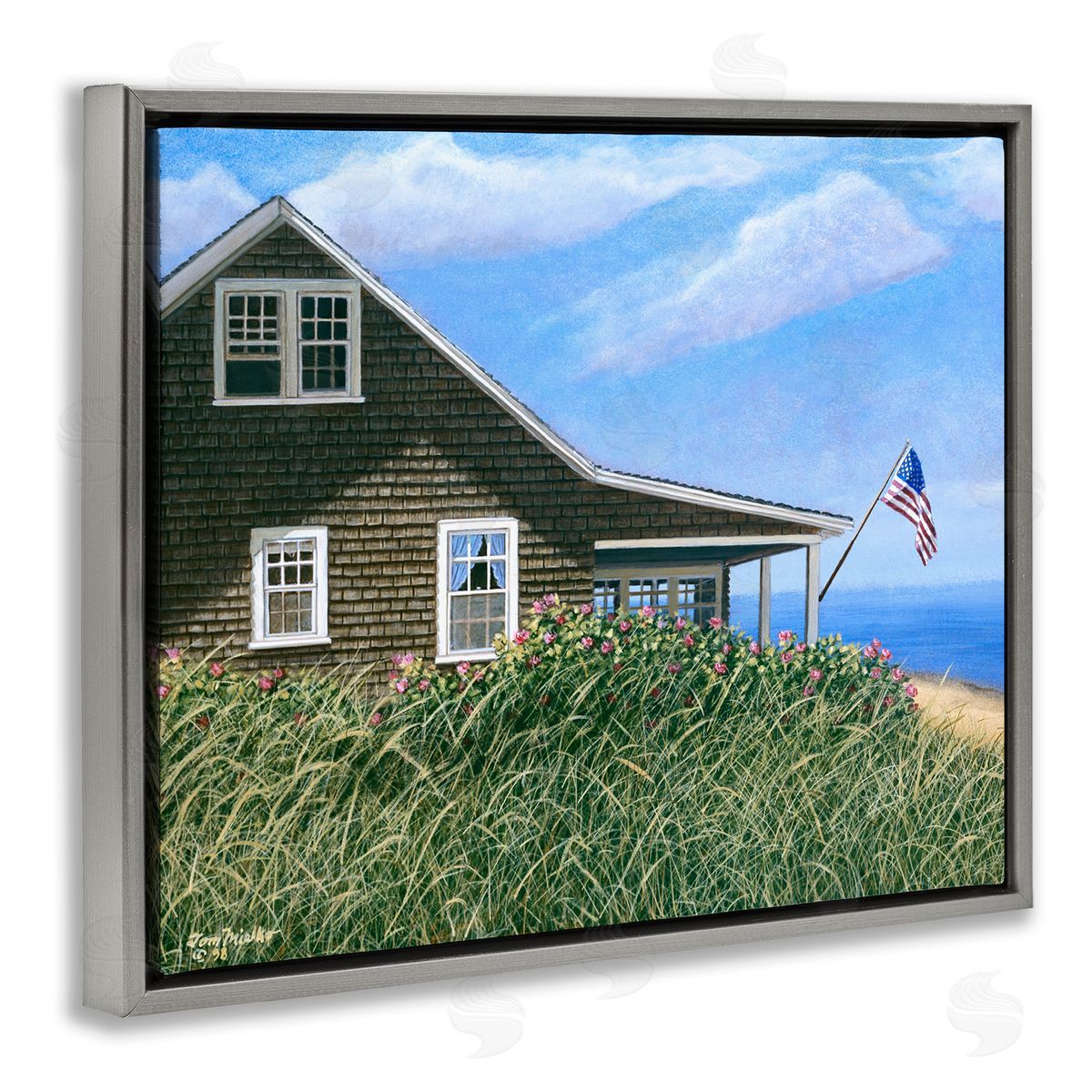 Tom Mielko Seaside House American Flag Peaceful Coastal Home Gray Floating Frame Canvas Wall Art Print