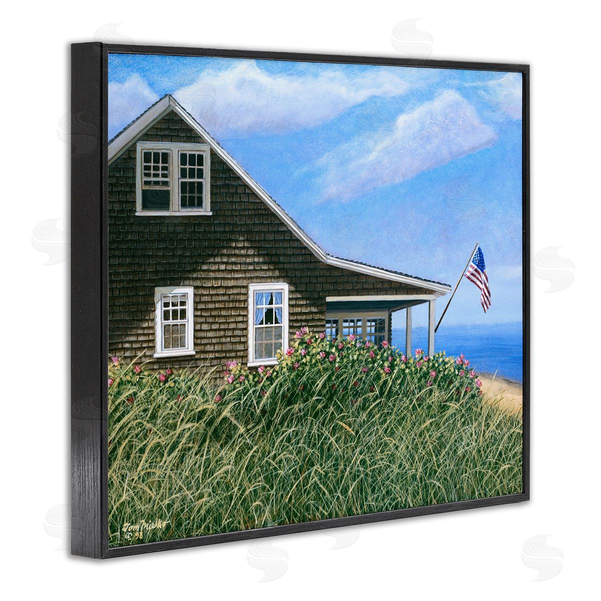 Tom Mielko Seaside House American Flag Peaceful Coastal Home Black Framed Giclee Wall Art Print