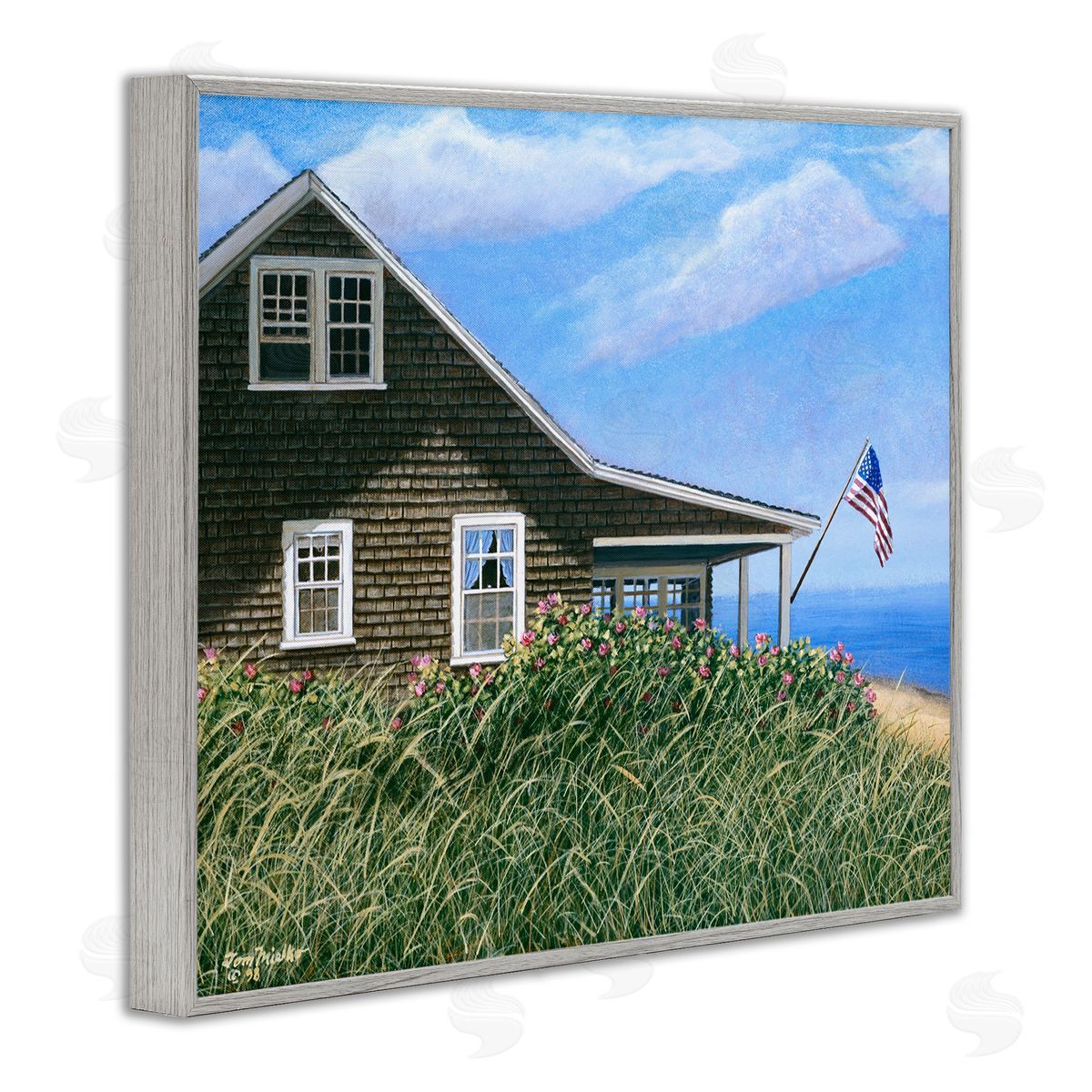 Tom Mielko Seaside House American Flag Peaceful Coastal Home Gray Framed Giclee Wall Art Print