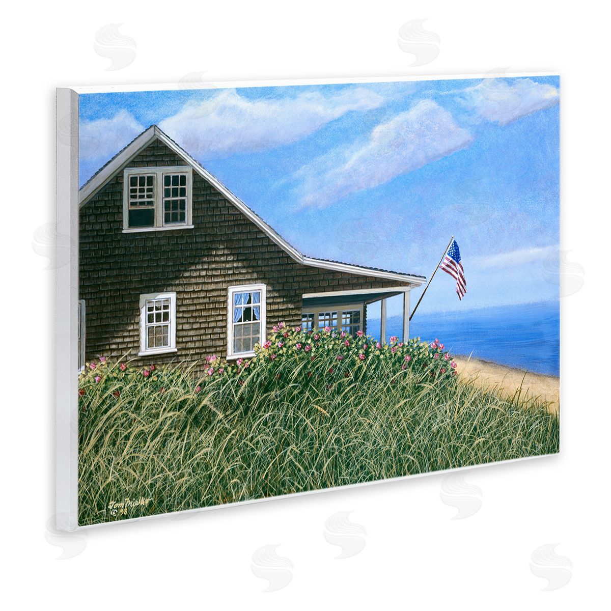 Tom Mielko Seaside House American Flag Peaceful Coastal Home Wall Plaque Art Print