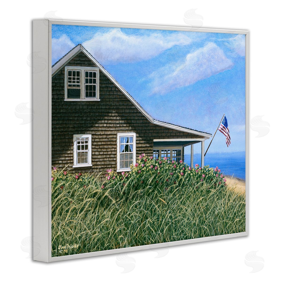 Tom Mielko Seaside House American Flag Peaceful Coastal Home White Framed Giclee Wall Art Print