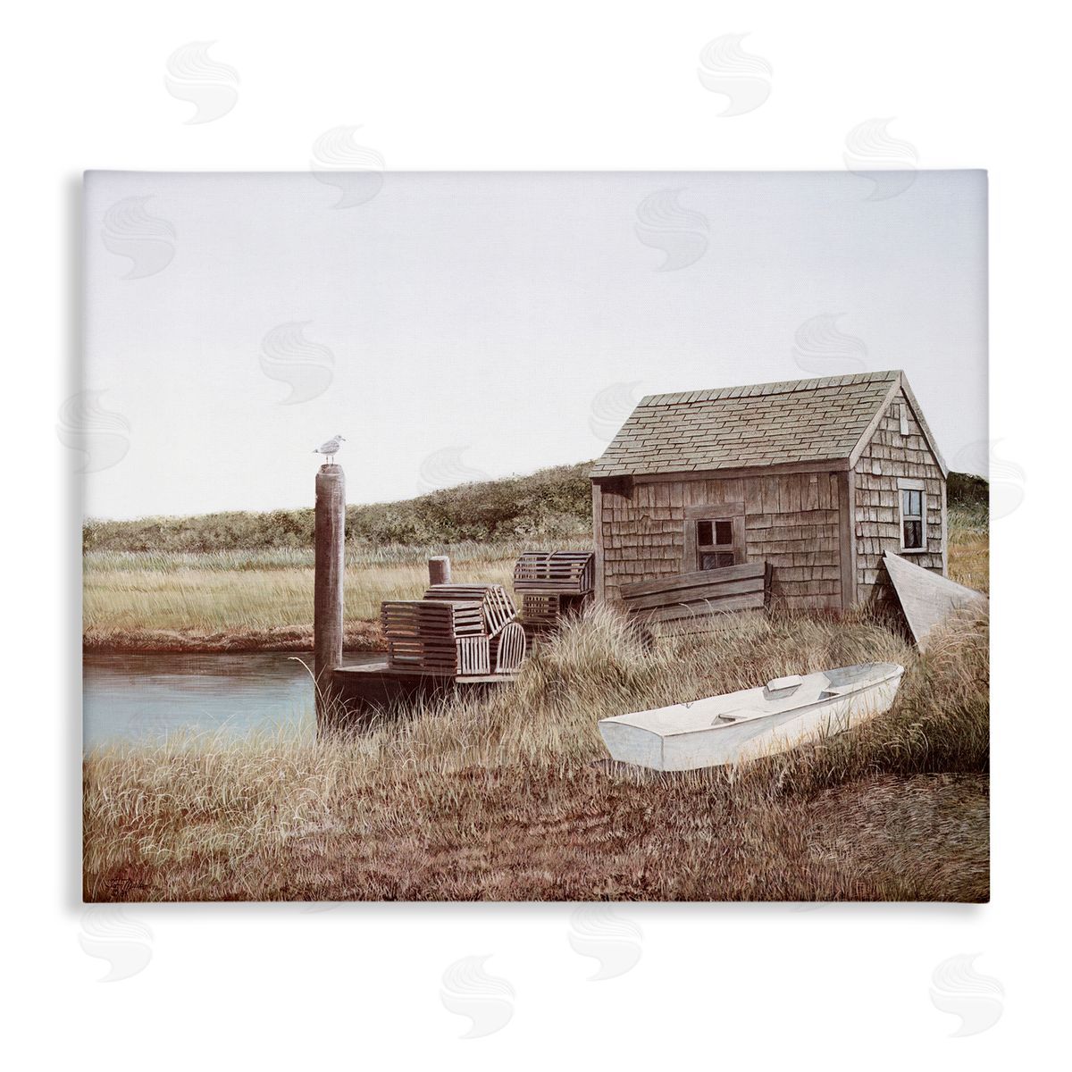 Tom Mielko Rural Seaside Cabin Seagull Perched Canoe Boat Stretched Canvas Wall Art Print