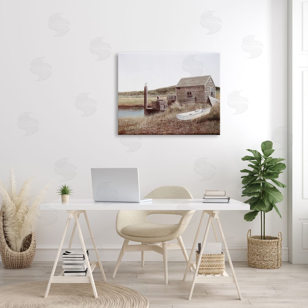 Tom Mielko Rural Seaside Cabin Seagull Perched Canoe Boat Canvas Wall Art Print in Room