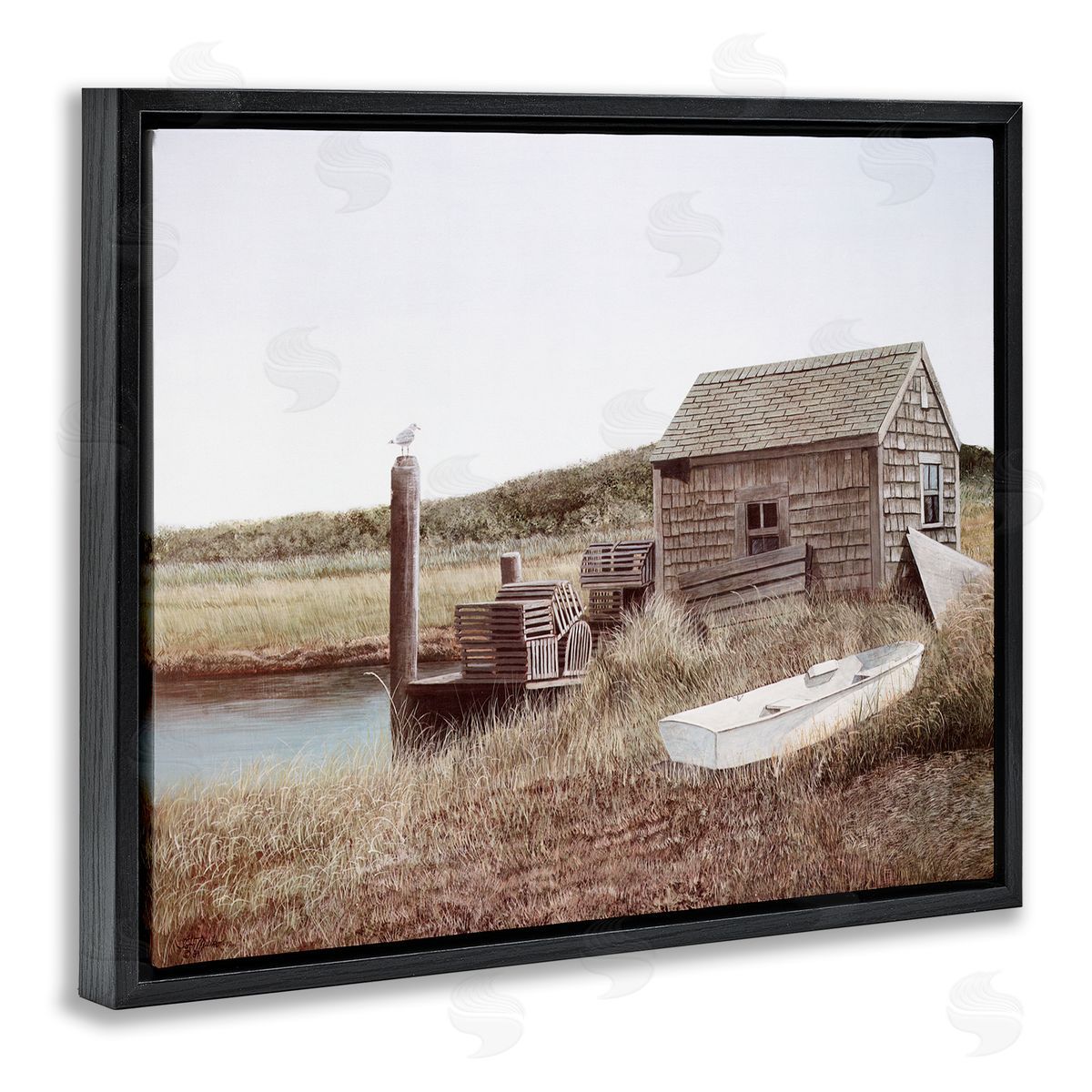 Tom Mielko Rural Seaside Cabin Seagull Perched Canoe Boat Black Floating Frame Canvas Wall Art Print