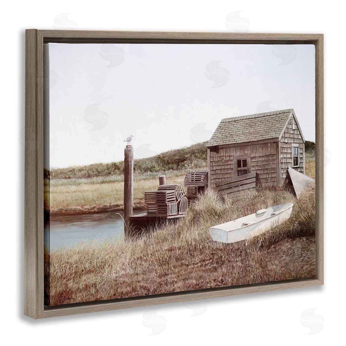 Tom Mielko Rural Seaside Cabin Seagull Perched Canoe Boat Brown Floating Frame Canvas Wall Art Print