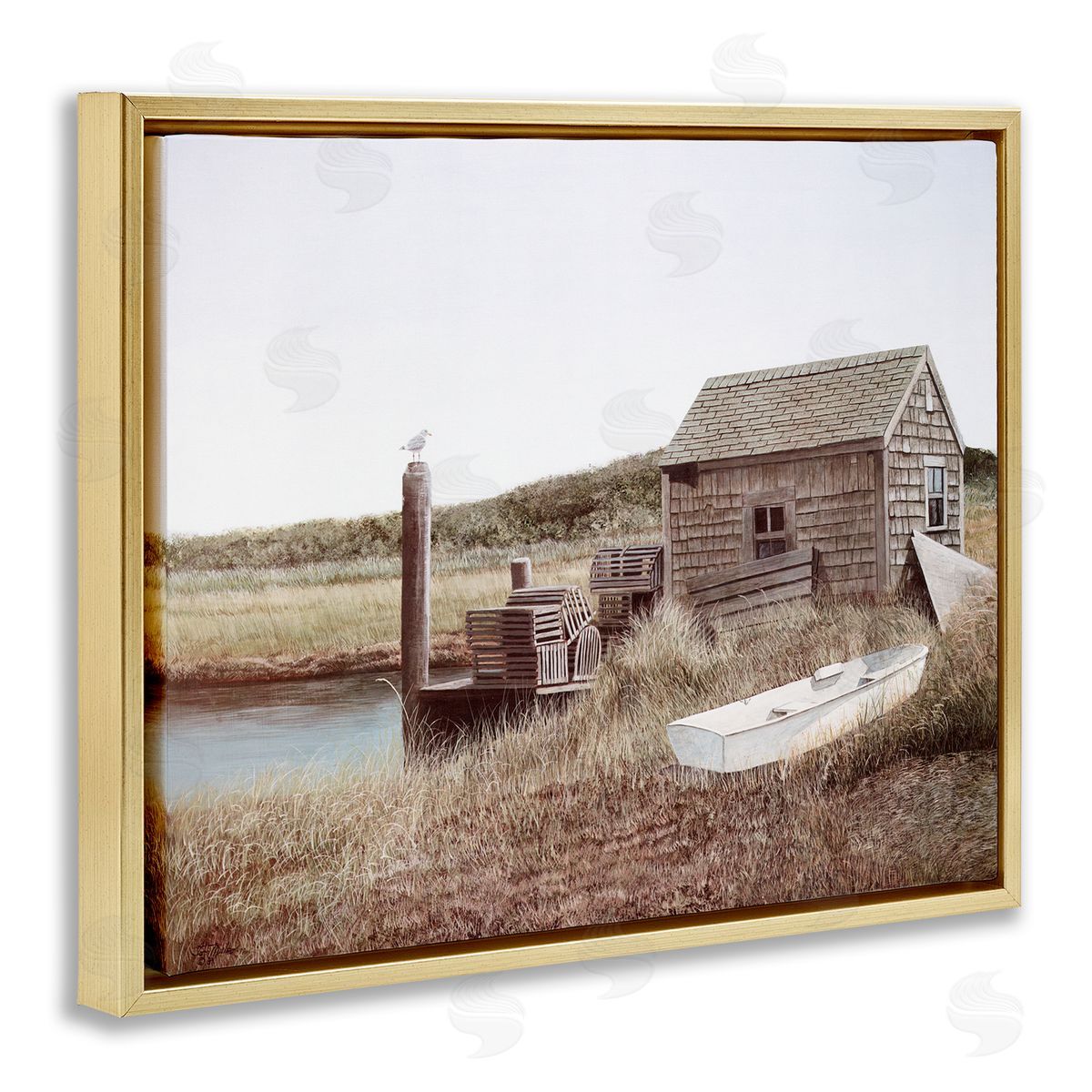 Tom Mielko Rural Seaside Cabin Seagull Perched Canoe Boat Gold Floating Frame Canvas Wall Art Print