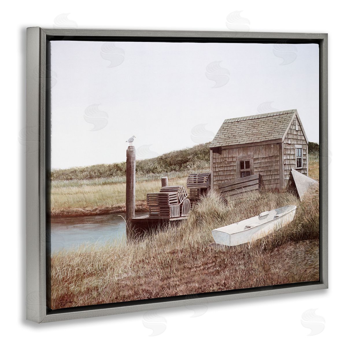 Tom Mielko Rural Seaside Cabin Seagull Perched Canoe Boat Gray Floating Frame Canvas Wall Art Print