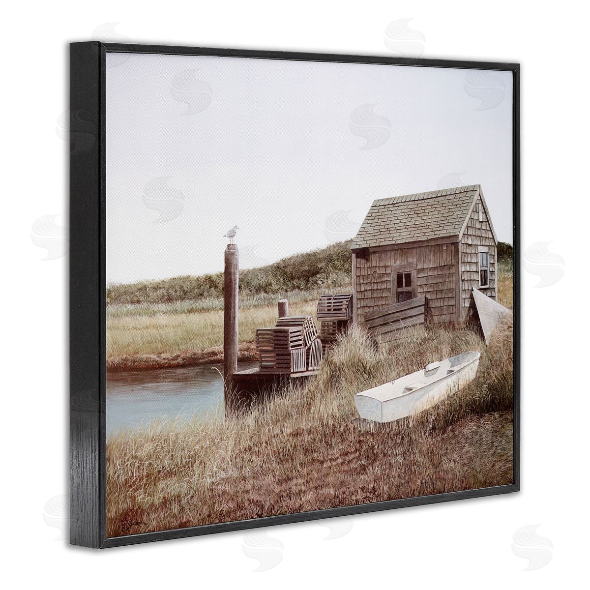Tom Mielko Rural Seaside Cabin Seagull Perched Canoe Boat Black Framed Giclee Wall Art Print
