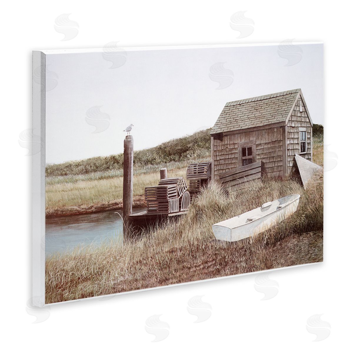 Tom Mielko Rural Seaside Cabin Seagull Perched Canoe Boat Wall Plaque Art Print