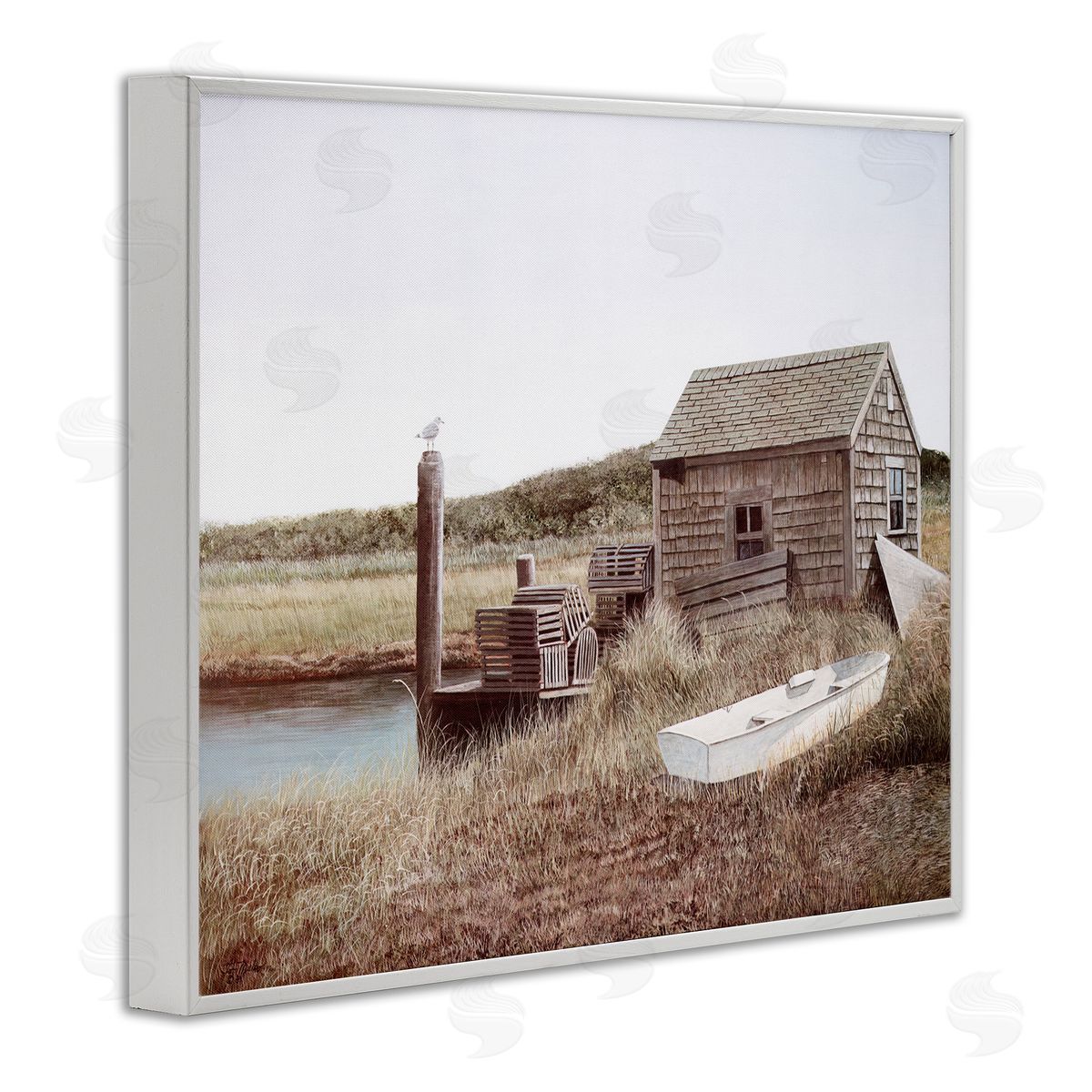 Tom Mielko Rural Seaside Cabin Seagull Perched Canoe Boat White Framed Giclee Wall Art Print