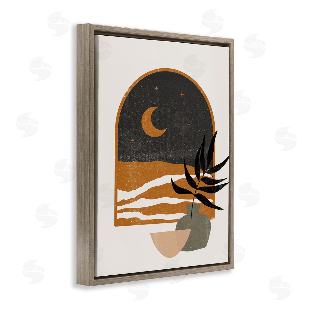 JJ House LLC Lovely Night Sky Desert Moon Scene Through Window  Brown Floating Frame Canvas Wall Art Print