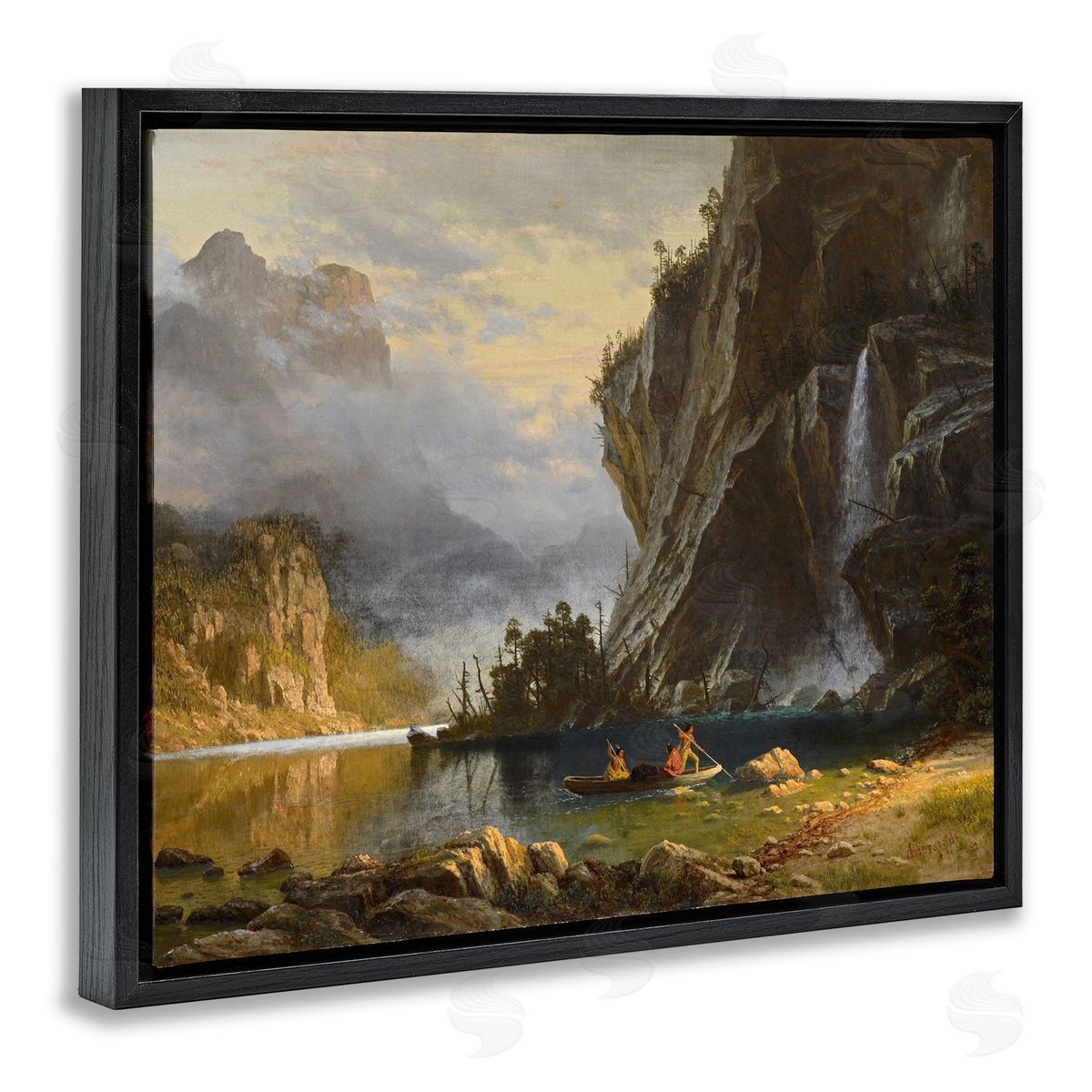 one1000paintings Indians Spear Fishing Classic Albert Bierstadt Painting Black Floating Frame Canvas Wall Art Print