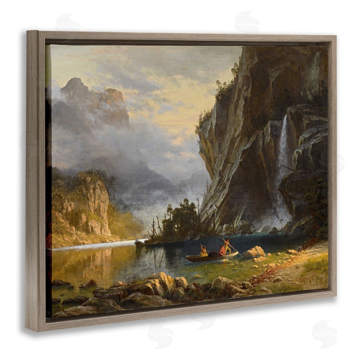 one1000paintings Indians Spear Fishing Classic Albert Bierstadt Painting Brown Floating Frame Canvas Wall Art Print