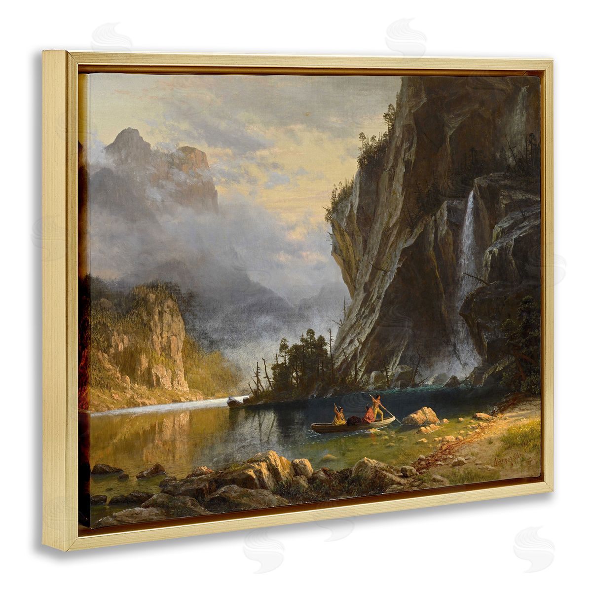 one1000paintings Indians Spear Fishing Classic Albert Bierstadt Painting Gold Floating Frame Canvas Wall Art Print