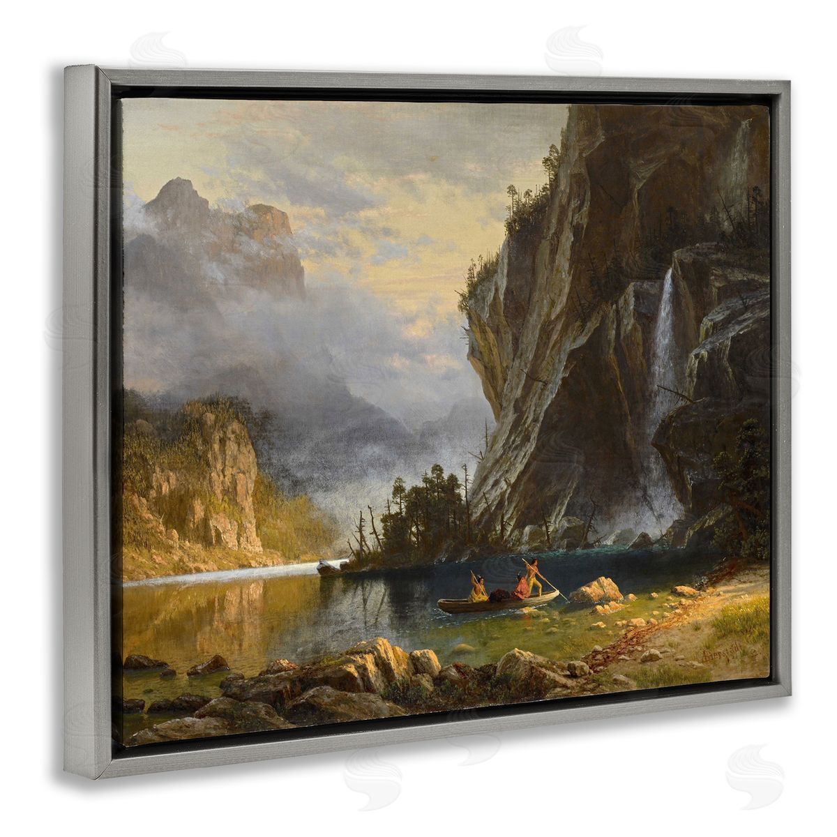 one1000paintings Indians Spear Fishing Classic Albert Bierstadt Painting Gray Floating Frame Canvas Wall Art Print