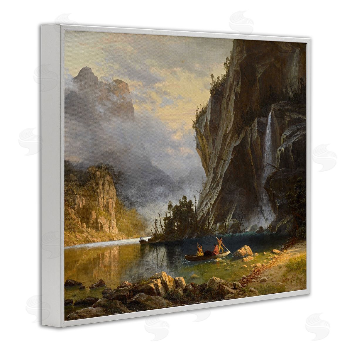 one1000paintings Indians Spear Fishing Classic Albert Bierstadt Painting White Framed Giclee Wall Art Print