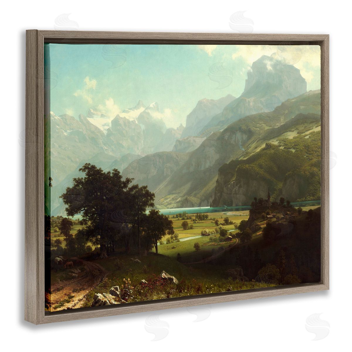 one1000paintings Lake Lucern Albert Bierstadt Classic Fine Landscape Painting Brown Floating Frame Canvas Wall Art Print
