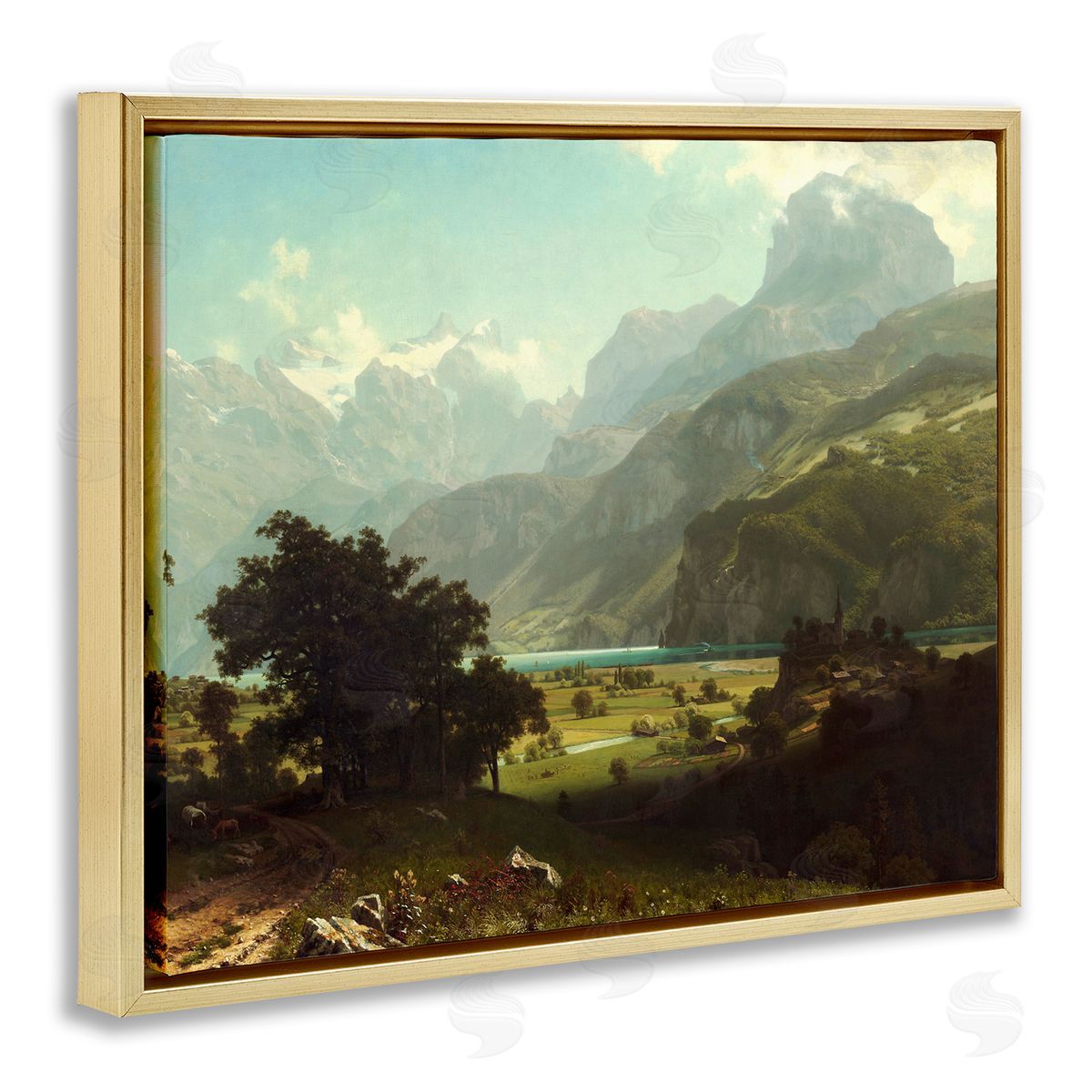 one1000paintings Lake Lucern Albert Bierstadt Classic Fine Landscape Painting Gold Floating Frame Canvas Wall Art Print
