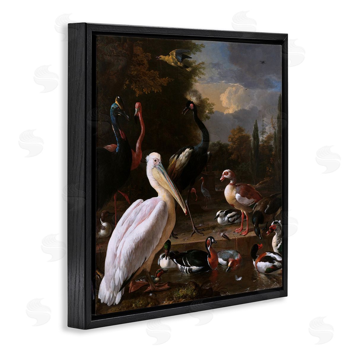 one1000paintings Pelican and Other Birds Melchior d'Hondecoeter Painting Black Floating Frame Canvas Wall Art Print