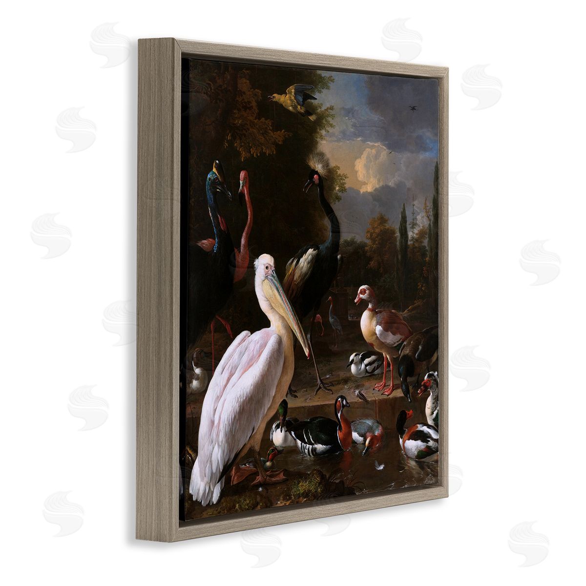 one1000paintings Pelican and Other Birds Melchior d'Hondecoeter Painting Brown Floating Frame Canvas Wall Art Print