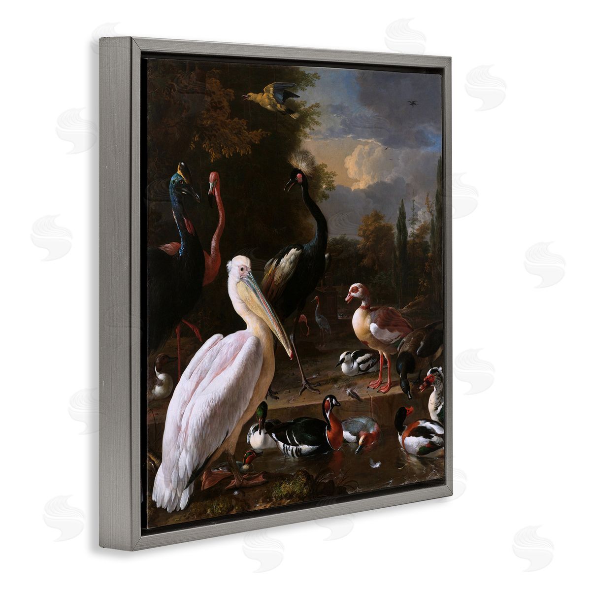 one1000paintings Pelican and Other Birds Melchior d'Hondecoeter Painting Gray Floating Frame Canvas Wall Art Print