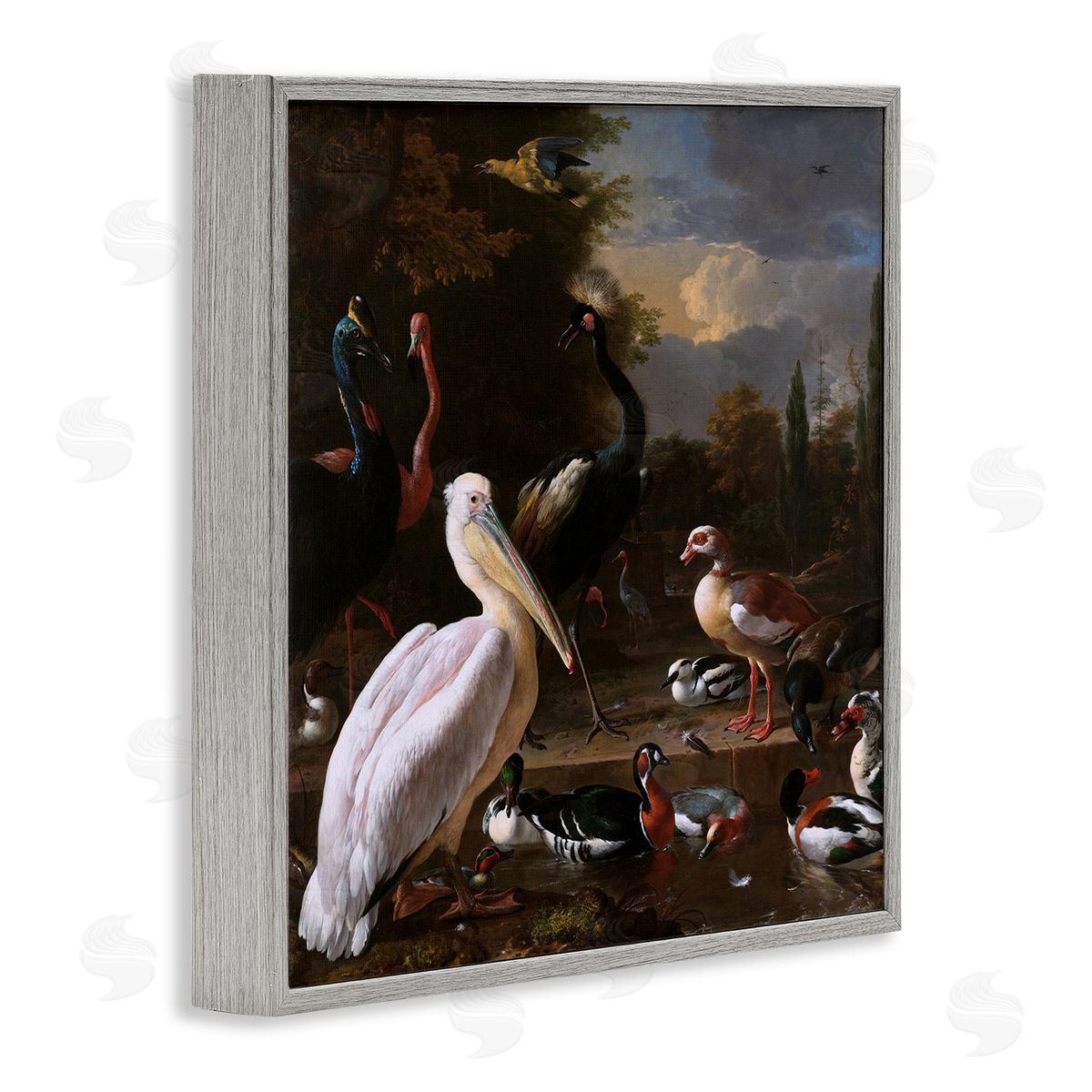 one1000paintings Pelican and Other Birds Melchior d'Hondecoeter Painting Gray Framed Glicee Wall Art Print