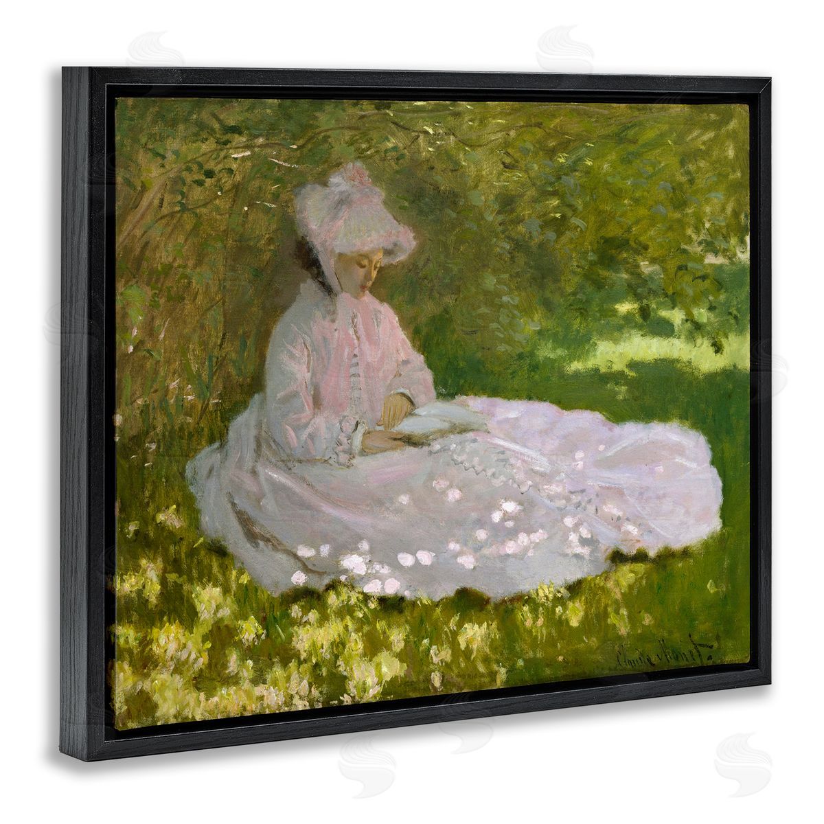 one1000paintings Springtime Classic Claude Monet Painting Female Portrait Black Floating Frame Canvas Wall Art Print