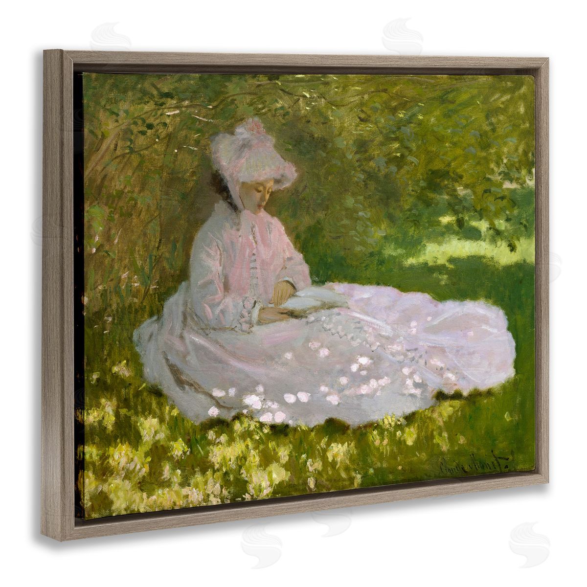 one1000paintings Springtime Classic Claude Monet Painting Female Portrait Brown Floating Frame Canvas Wall Art Print