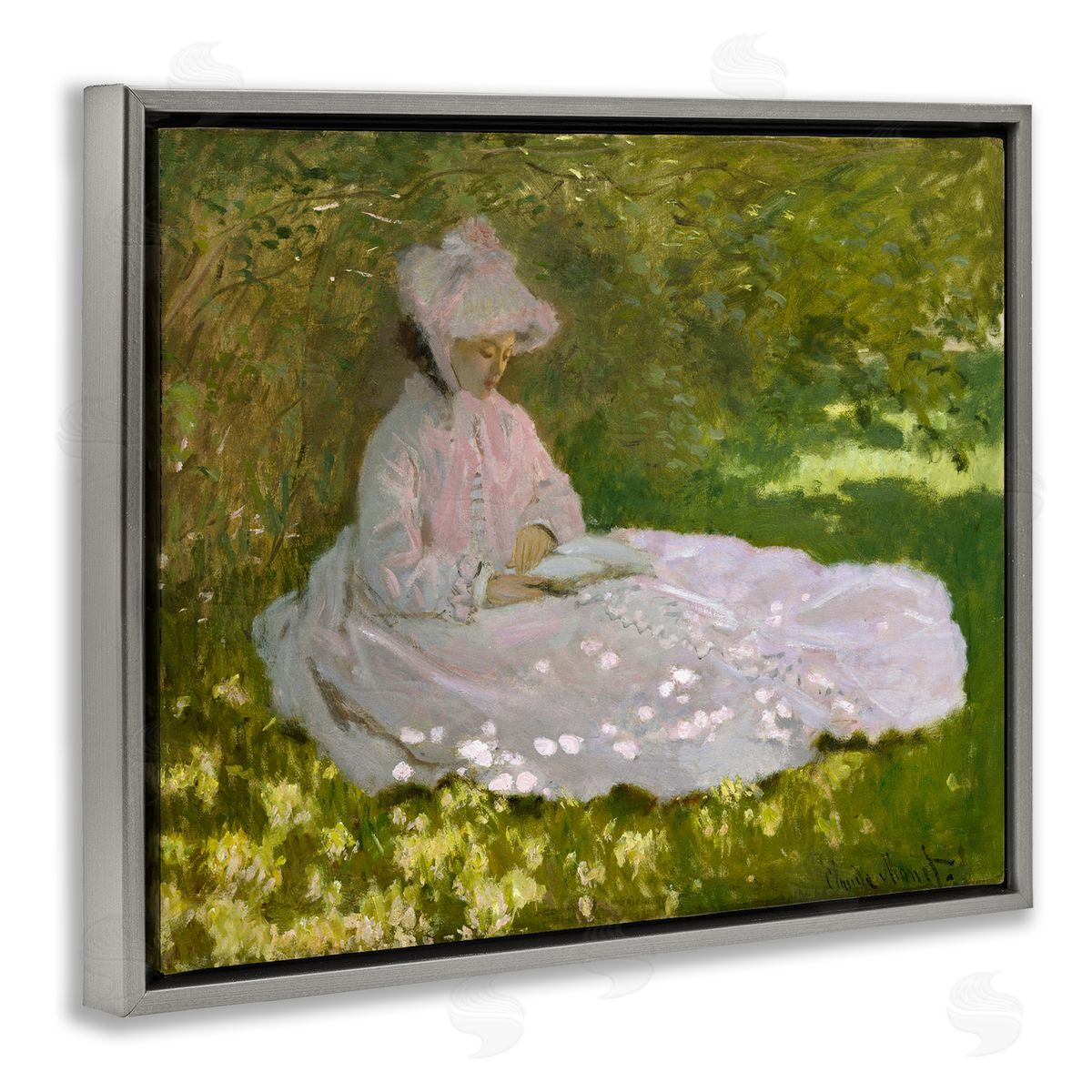 one1000paintings Springtime Classic Claude Monet Painting Female Portrait Gray Floating Frame Canvas Wall Art Print