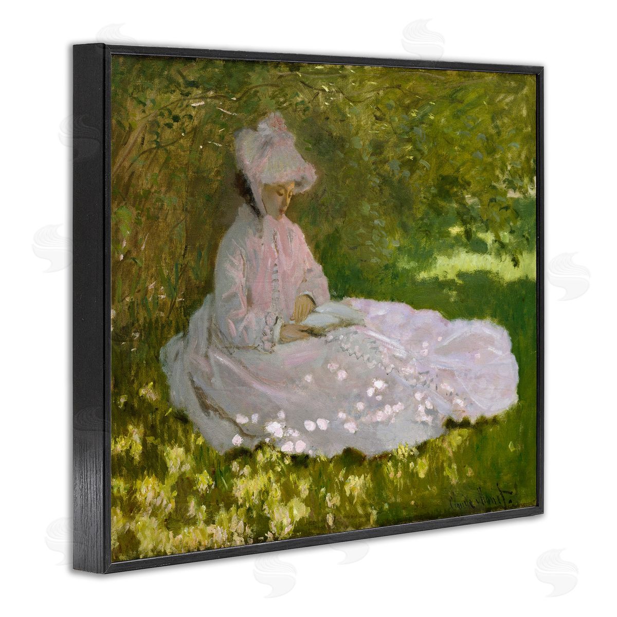 one1000paintings Springtime Classic Claude Monet Painting Female Portrait Black Framed Giclee Wall Art Print