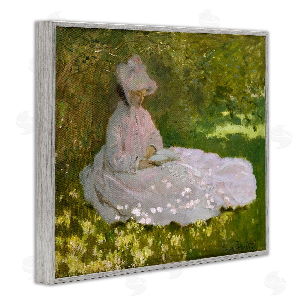 one1000paintings Springtime Classic Claude Monet Painting Female Portrait Gray Framed Giclee Wall Art Print