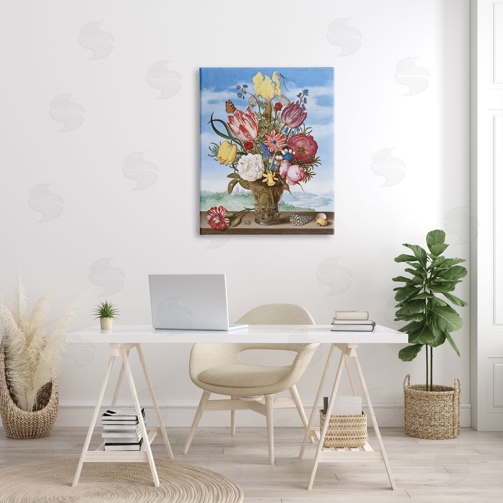 one1000paintings Bouquet of Flowers on Edge Classic Ambrosius Bosschaert Painting Canvas Wall Art Print in Room