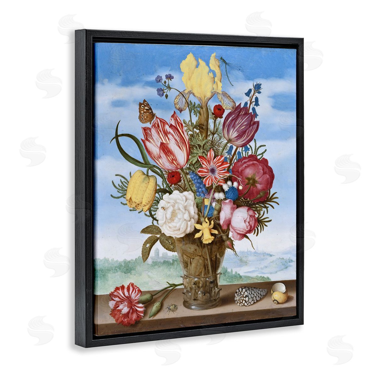 one1000paintings Bouquet of Flowers on Edge Classic Ambrosius Bosschaert Painting Black Floating Frame Canvas Wall Art Print