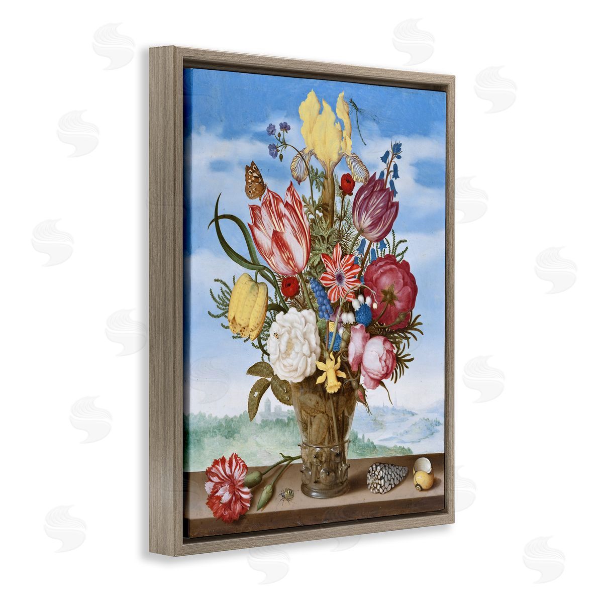 one1000paintings Bouquet of Flowers on Edge Classic Ambrosius Bosschaert Painting Brown Floating Frame Canvas Wall Art Print