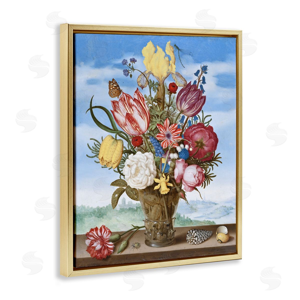 one1000paintings Bouquet of Flowers on Edge Classic Ambrosius Bosschaert Painting Gold Floating Frame Canvas Wall Art Print