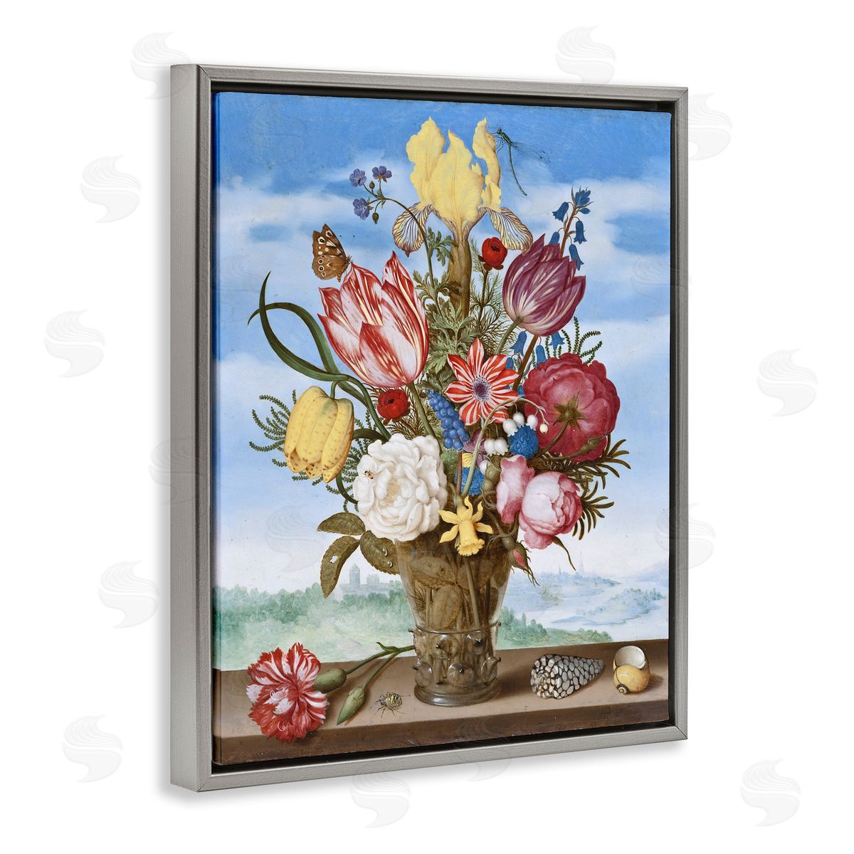 one1000paintings Bouquet of Flowers on Edge Classic Ambrosius Bosschaert Painting Gray Floating Frame Canvas Wall Art Print