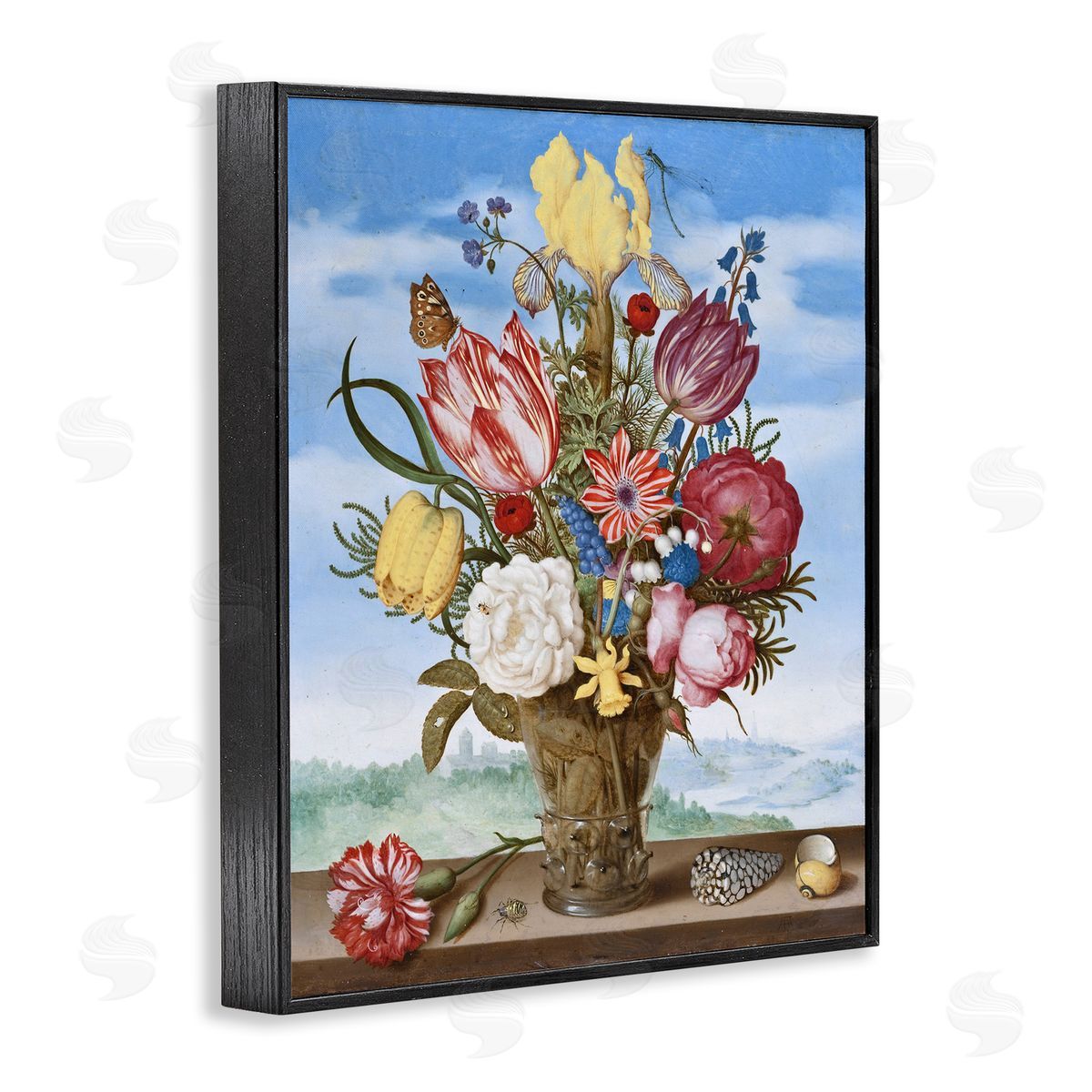 one1000paintings Bouquet of Flowers on Edge Classic Ambrosius Bosschaert Painting Black Framed Giclee Wall Art Print