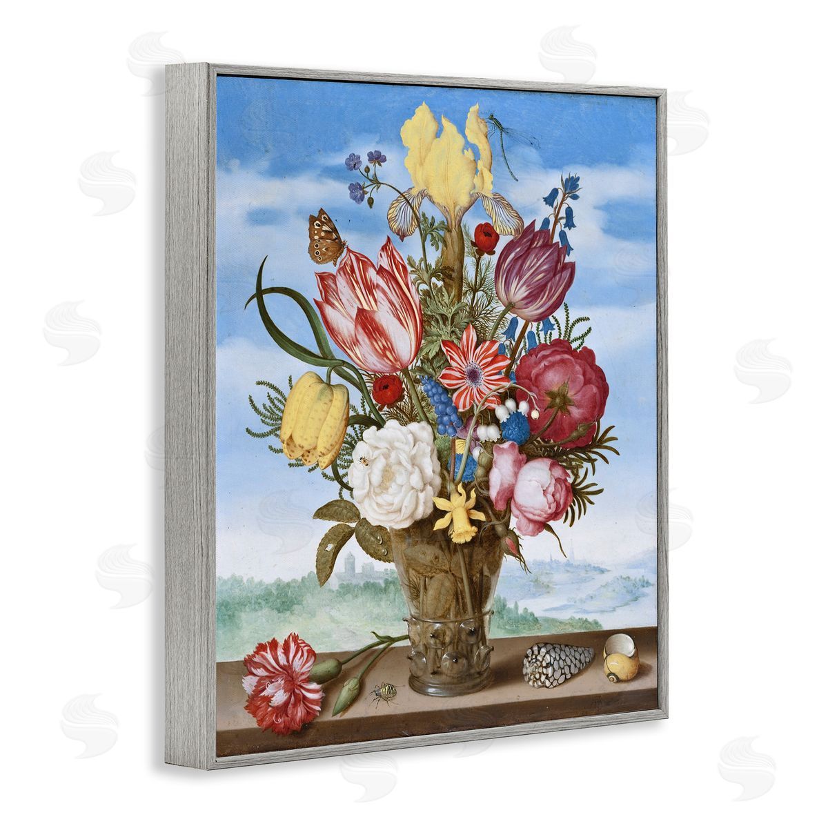 one1000paintings Bouquet of Flowers on Edge Classic Ambrosius Bosschaert Painting Gray Framed Giclee Wall Art Print