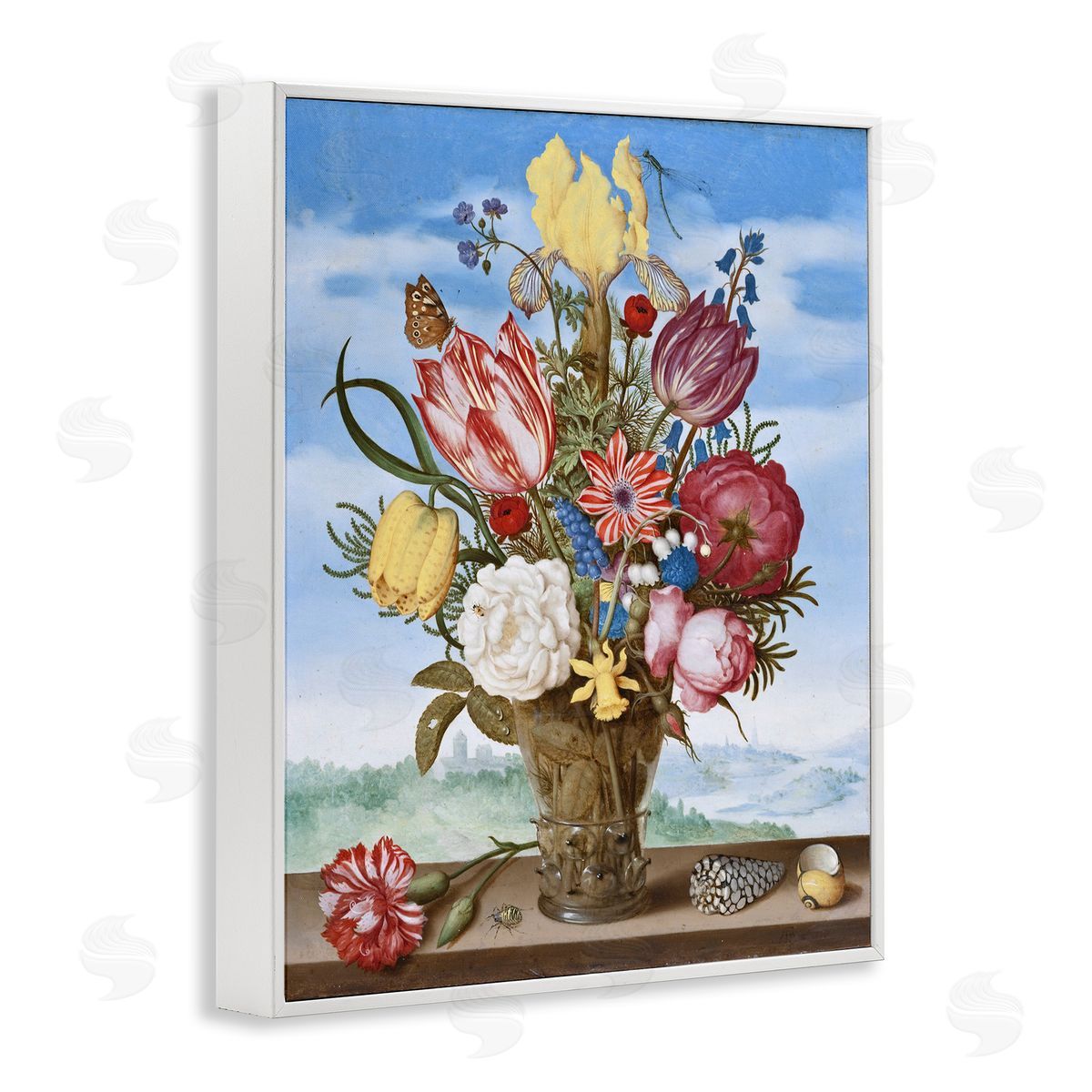 one1000paintings Bouquet of Flowers on Edge Classic Ambrosius Bosschaert Painting White Framed Giclee Wall Art Print